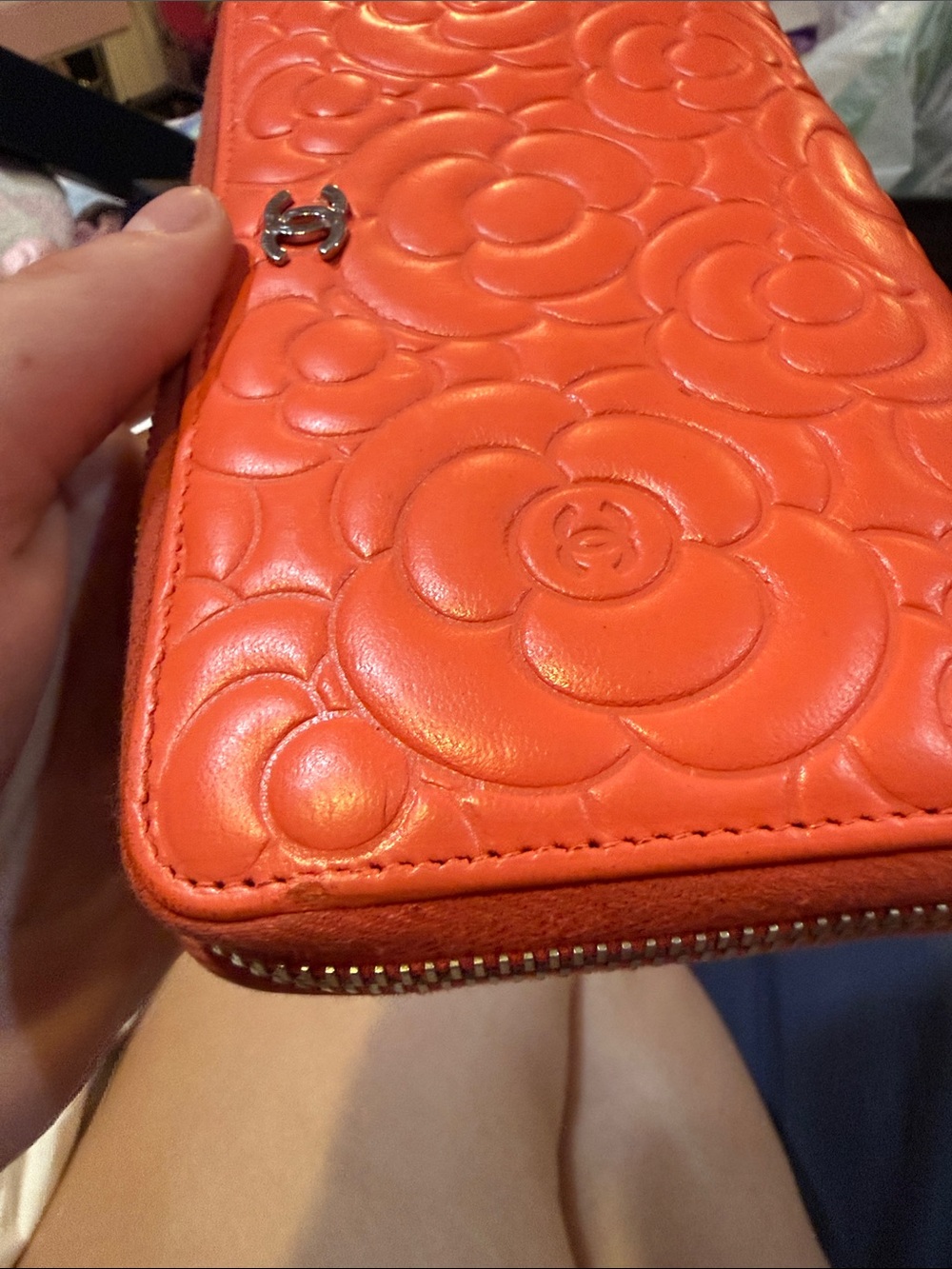 CHANEL Coral Camellia Embossed Zip Wallet with Gold CC - Picture 9 of 17